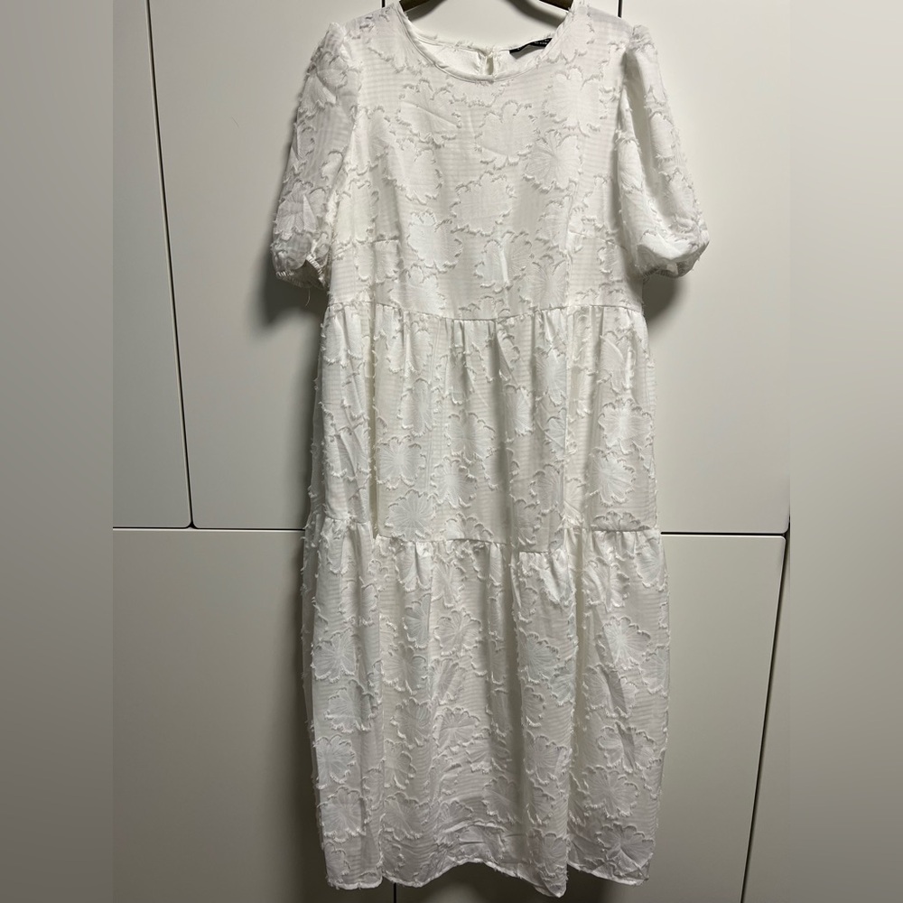 SHEIN White Midi Maternity and Nursing Sundress with Tiered Skirt and Crew Neck